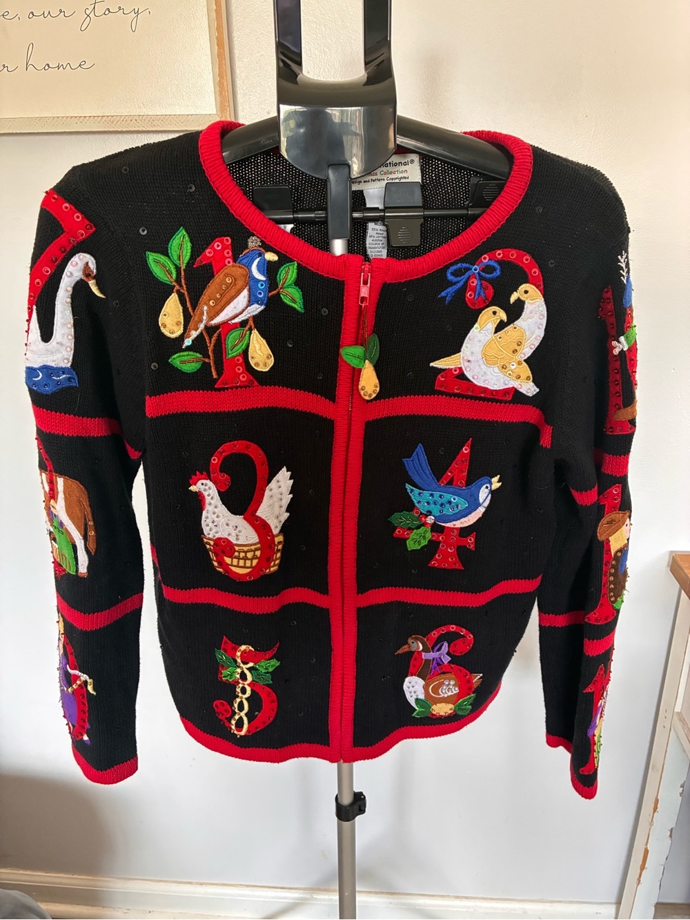Black & Red Embroidered Knit Cardigan Jacket - Women's
